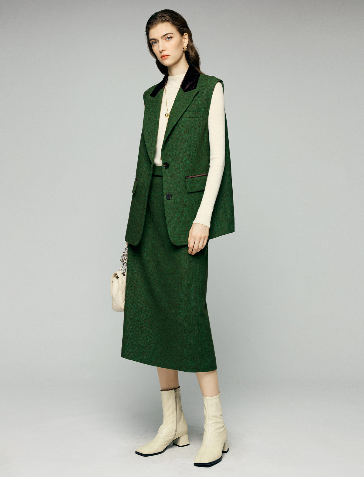 Wool Blend Contrast-Trim Notched-Lapel Button-Front Long Vest