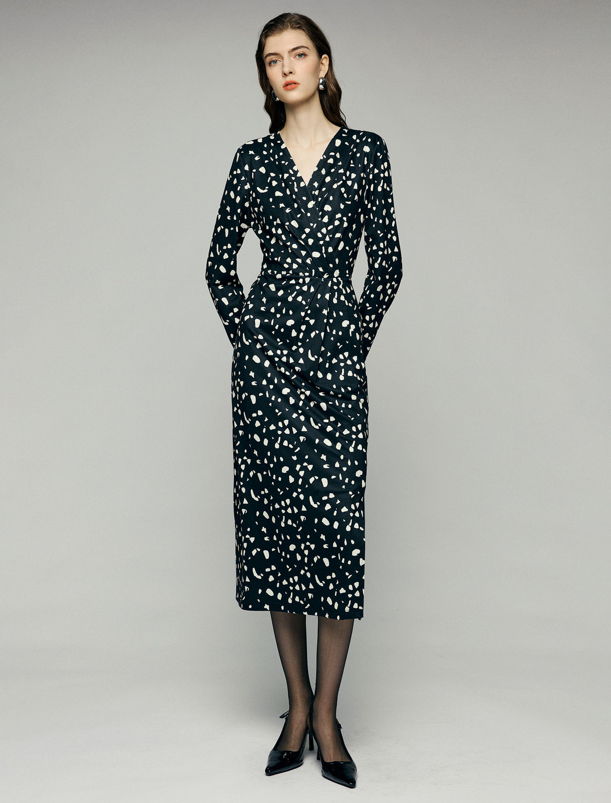 Abstract Dot Print V-Neck Ruched-Waist Long Sleeve Wrap Midi Dress