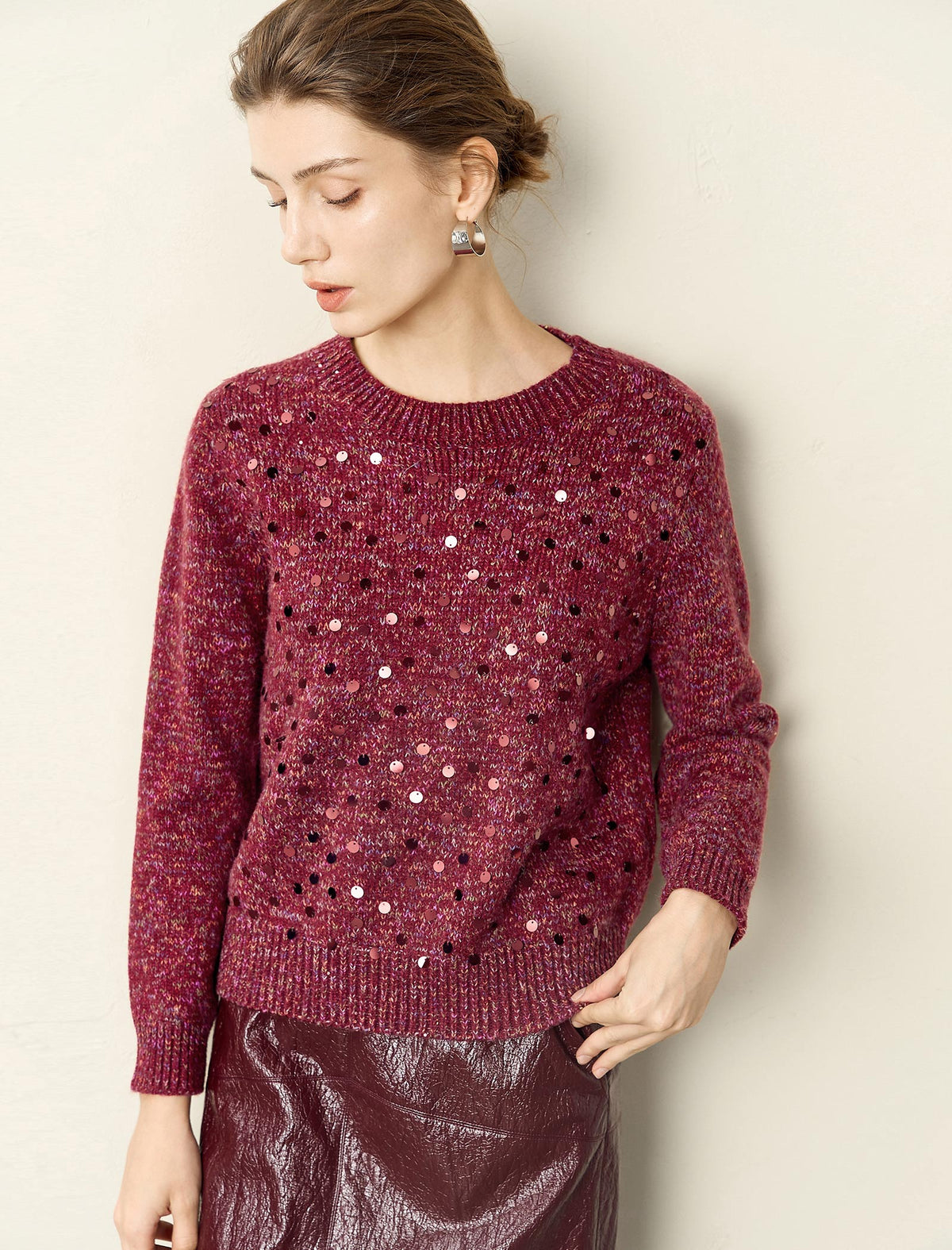 Burgundy Sequin Crew Neck Sweater