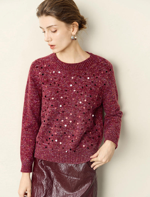 Burgundy Sequin Crew Neck Sweater