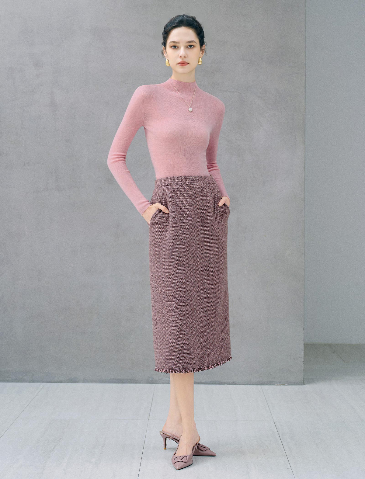 Wool Blend Fringe-Trim High-Waist Straight Midi Skirt