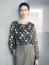 Vintage Geo-Dot Tie-Neck Long-Sleeve Knit Top