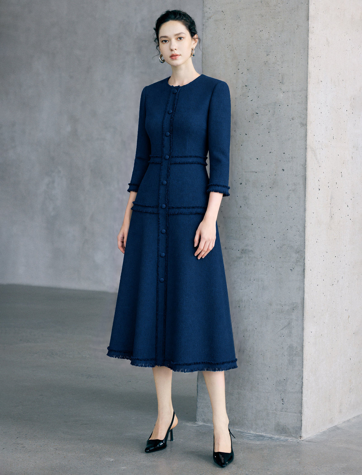 Dark Navy Fringe Trim Midi Dress
