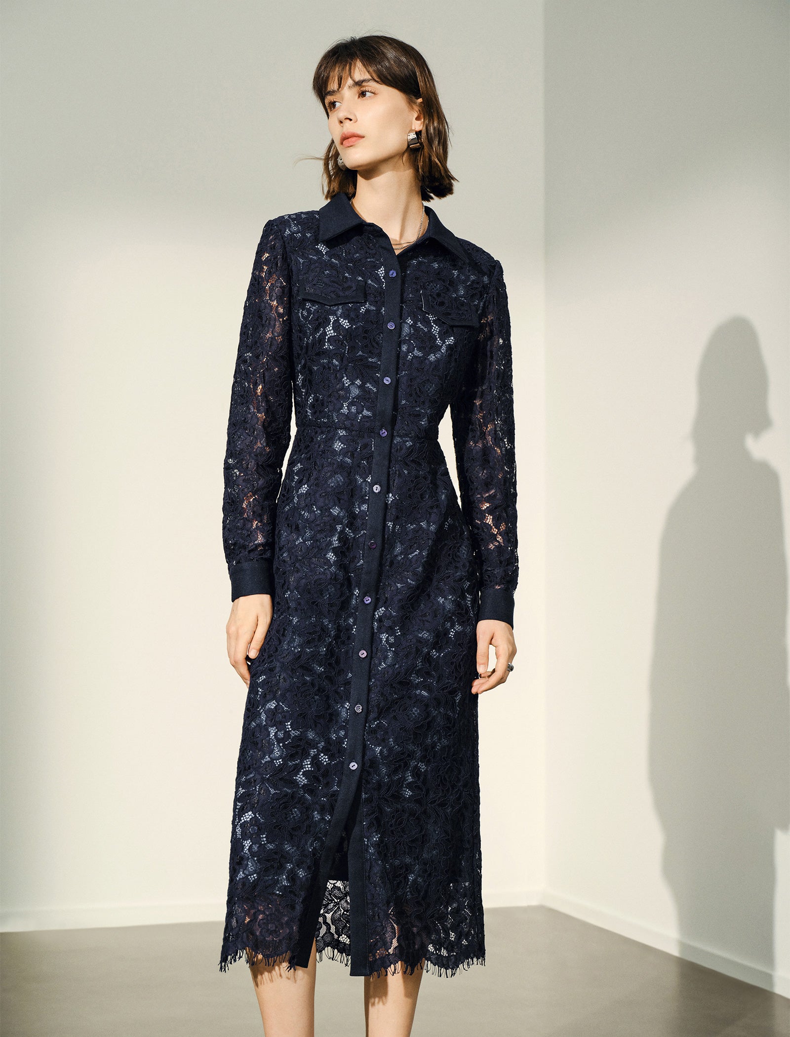 Navy Blue Lace Shirt Dress – FancyEpic