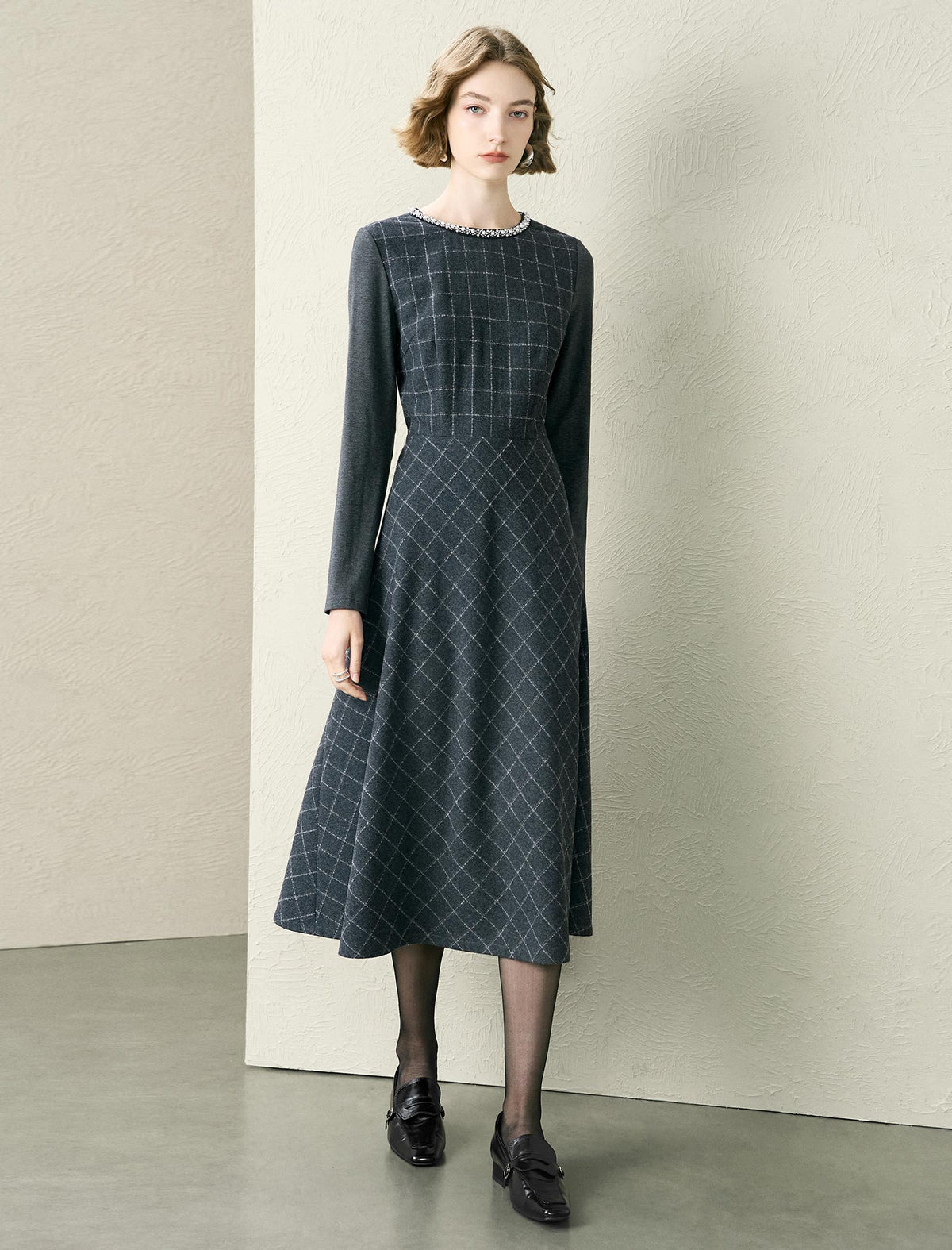 Plaid Wool-Blend Beaded Neckline Midi Dress