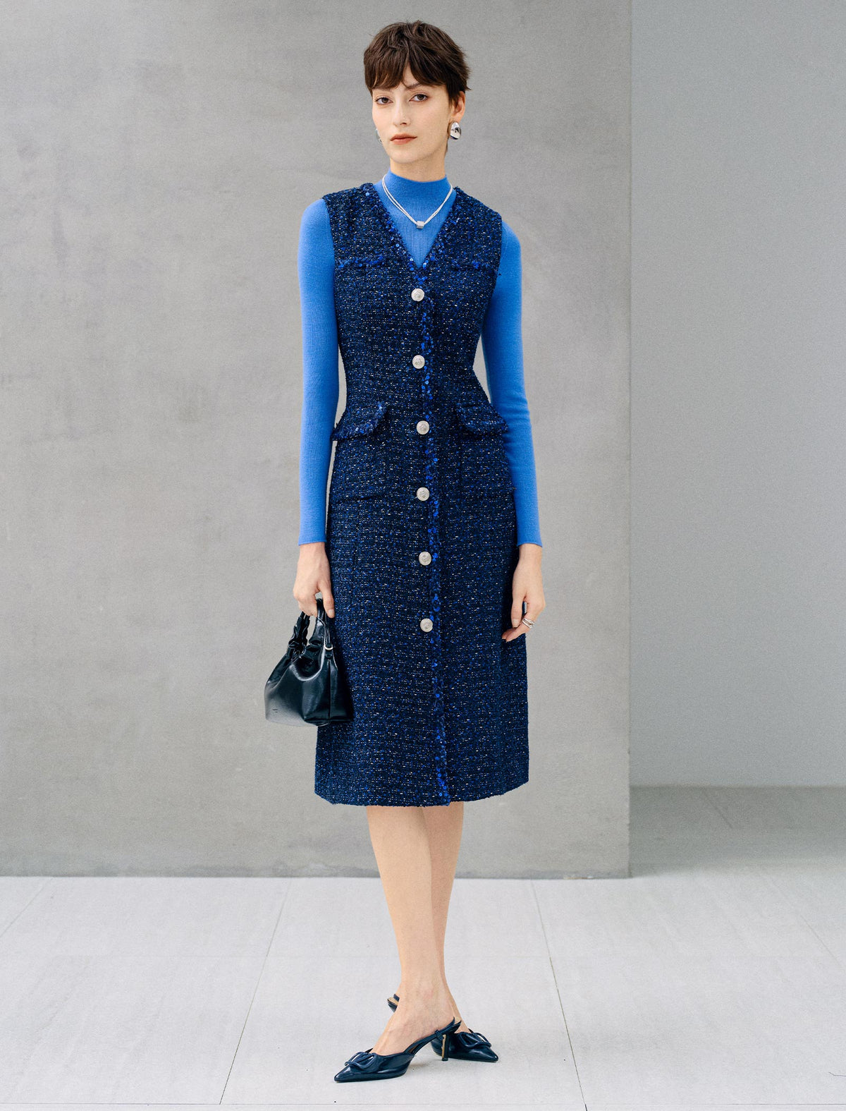 Wool Blend Button Front Sleeveless Midi Dress