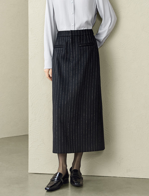 Black Pinstripe Wool-Blend Midi Skirt