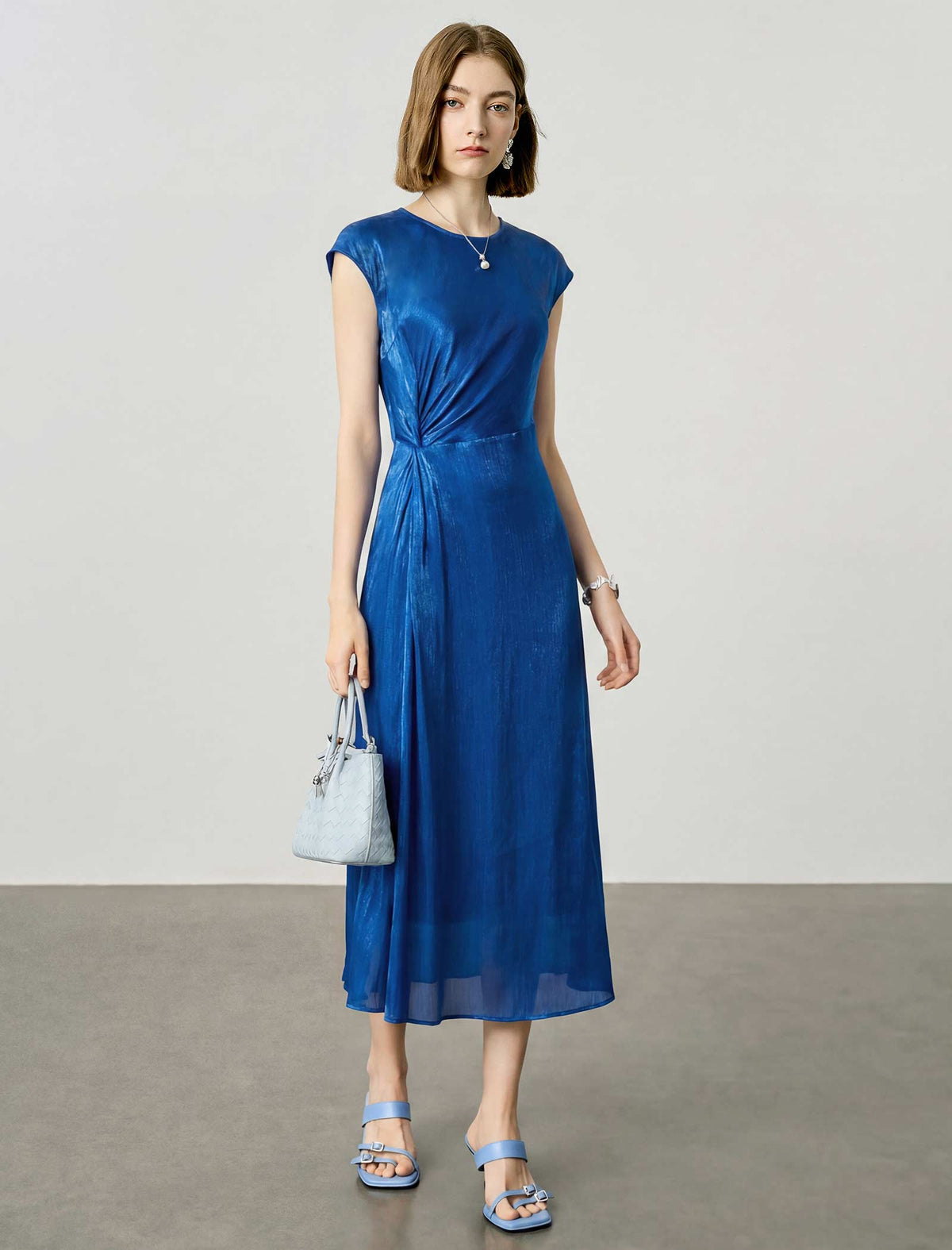 Metallic Blue Cap-Sleeve Midi Dress