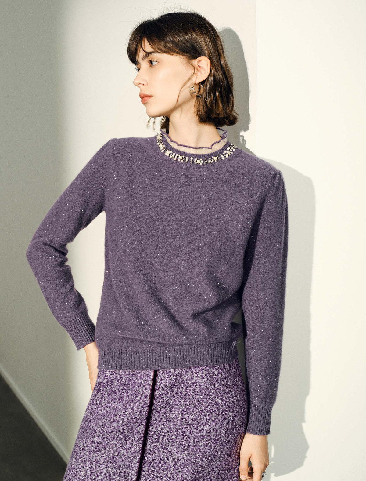 Pearl‑Trim Ruffle Neck Wool Blend Sweater