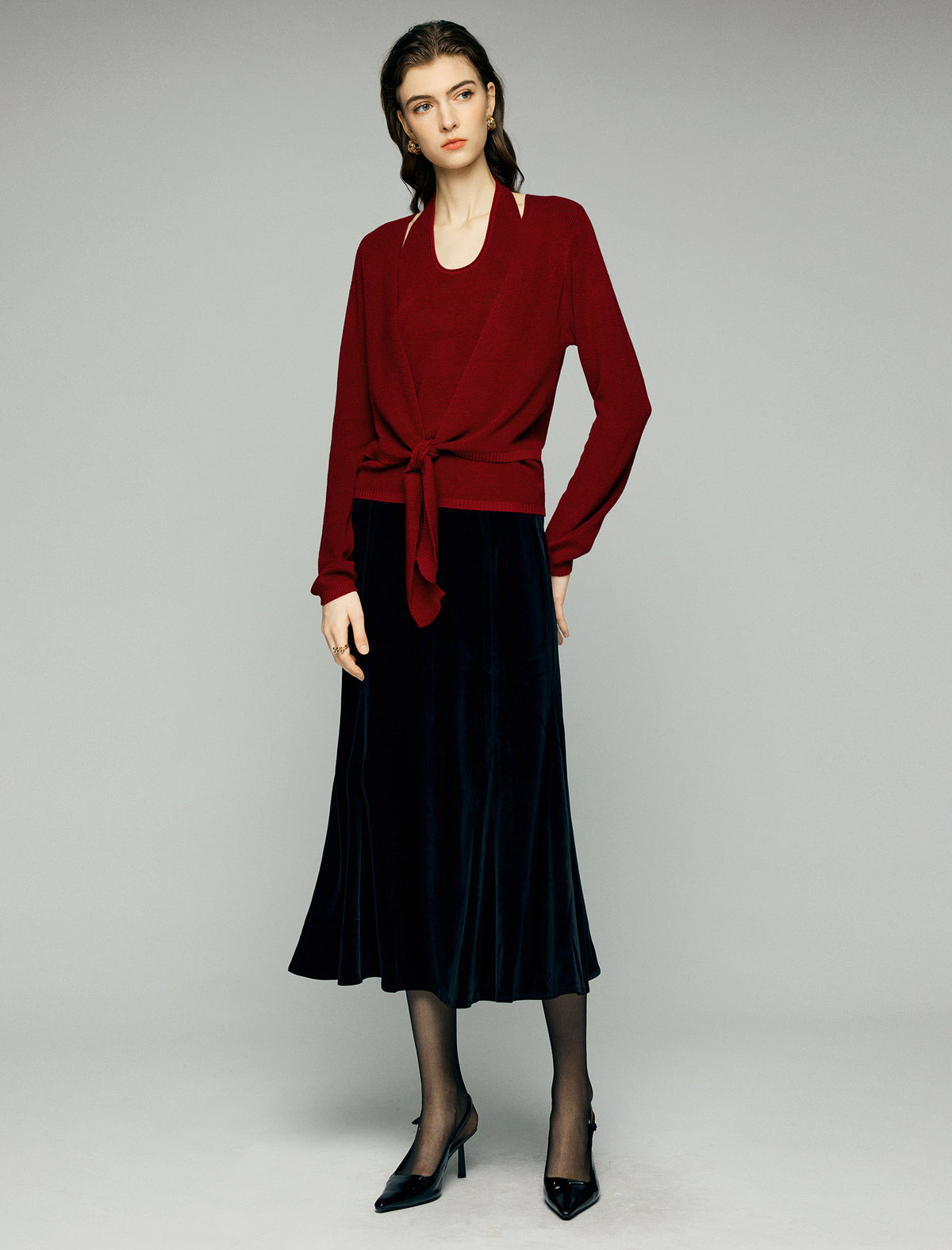 Layered Tie Front Long Sleeve Knit Top