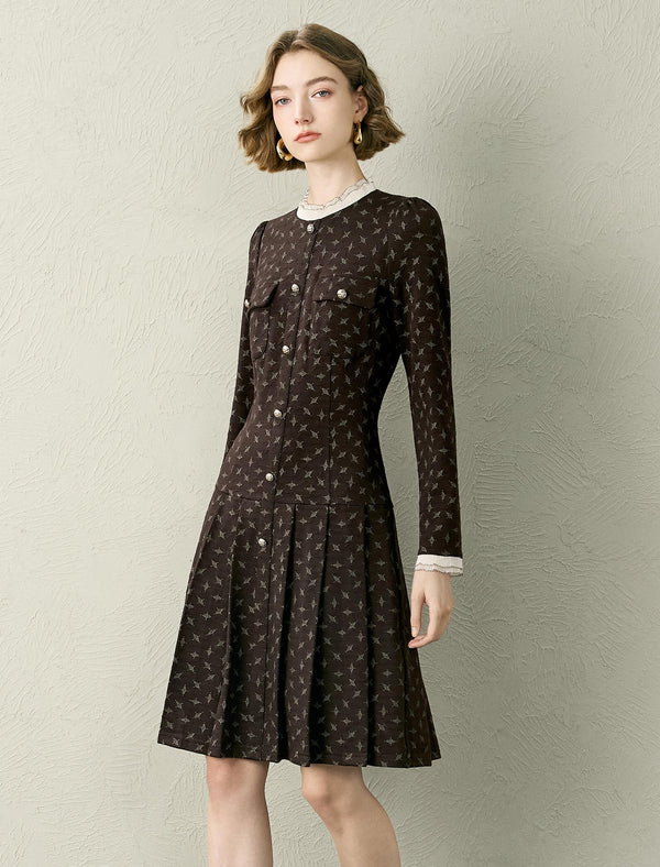 Floral Printed Lace Trim Pleated Mini Dress