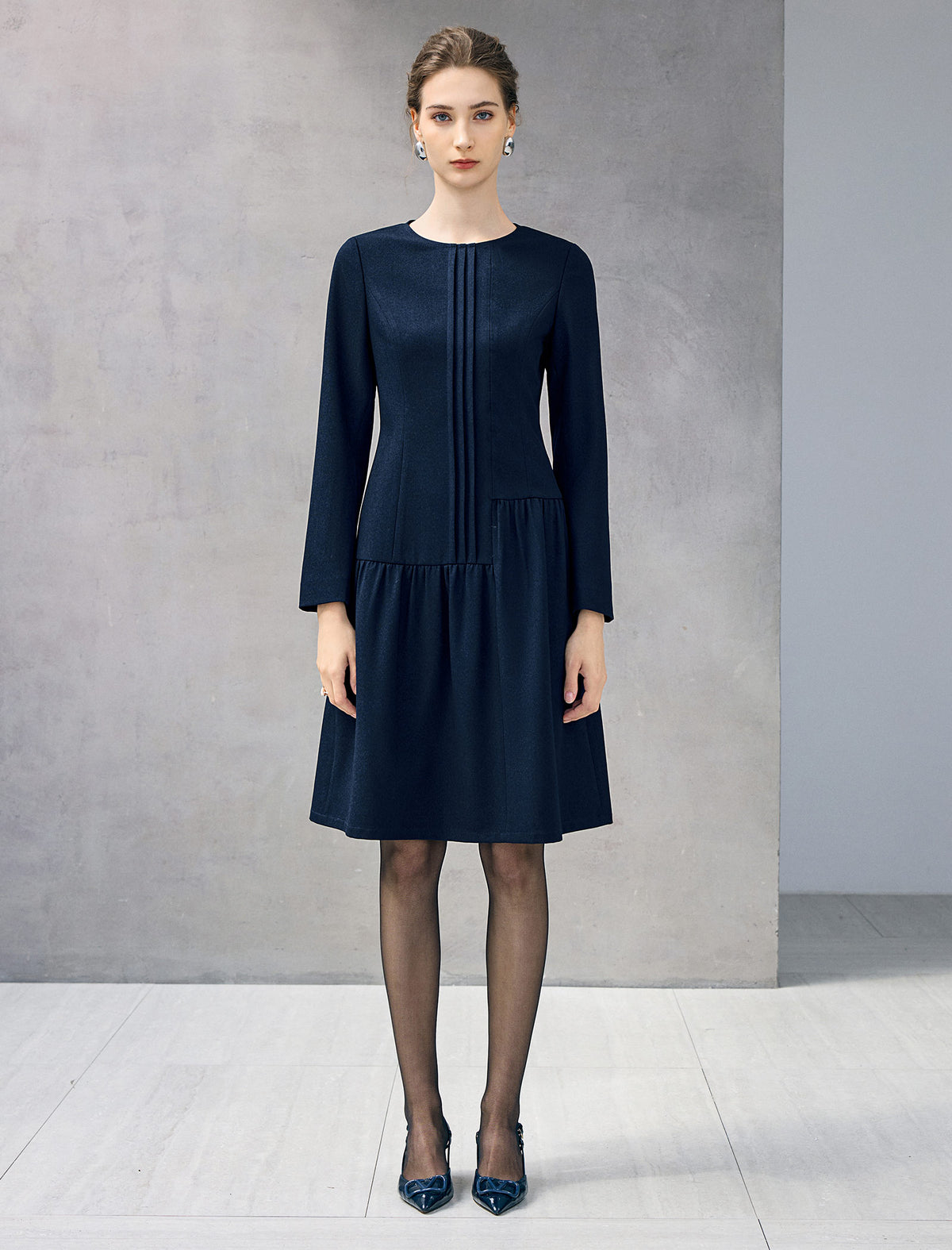Wool Blend Pleated Crewneck Long Sleeve A-Line Dress