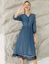 Blue Wave Print Pleated Dress