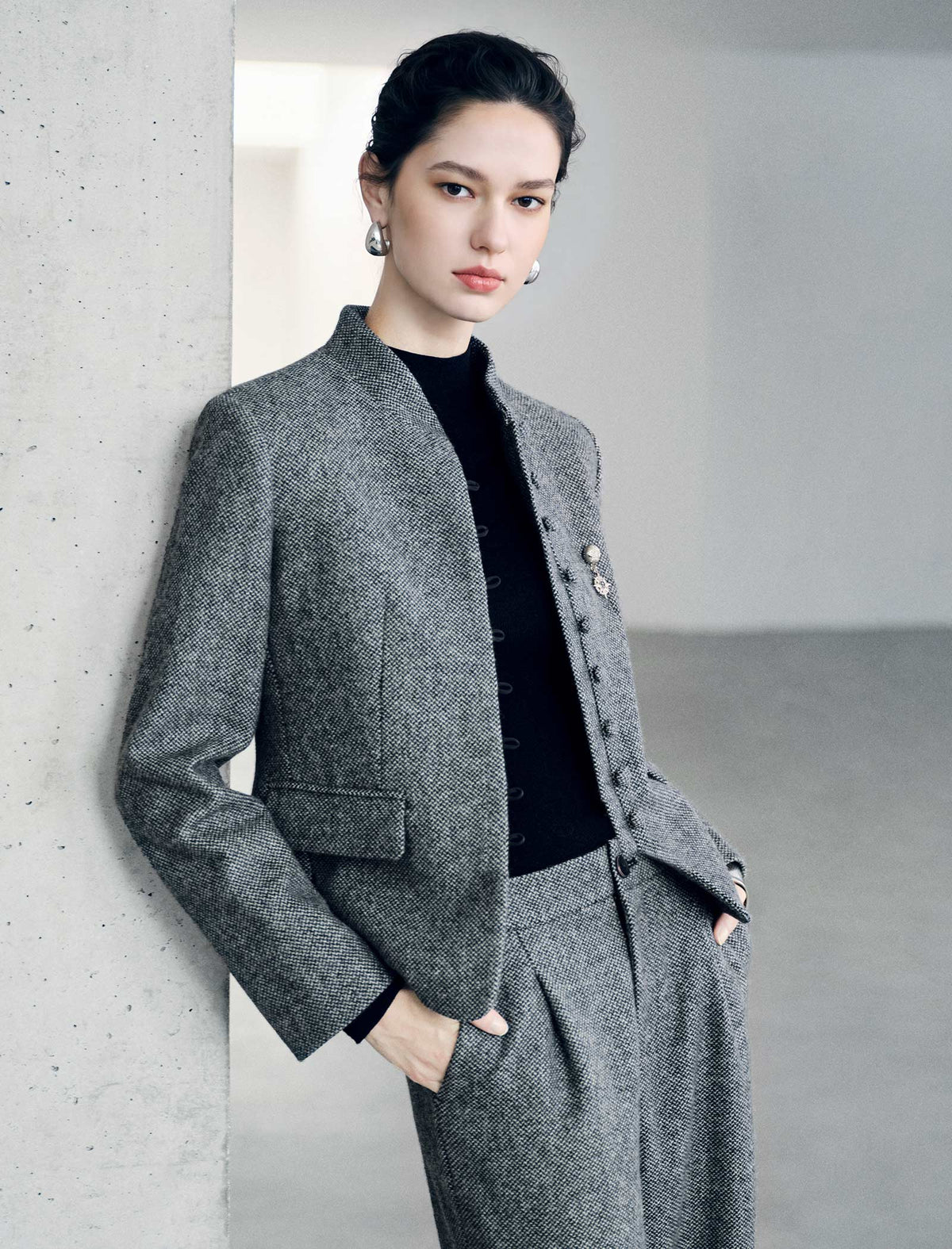 Wool Blend Mandarin Collar Cropped Jacket