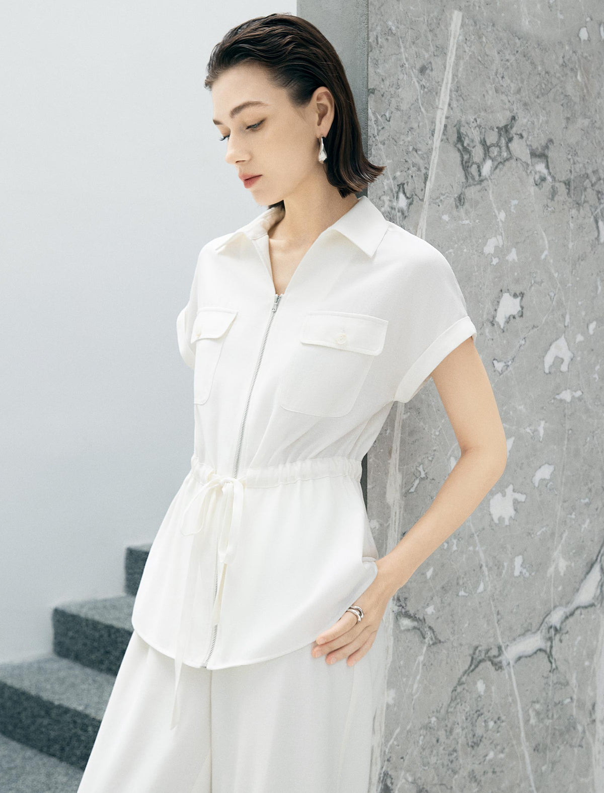 Zip Front Drawstring Waist Utility Shirt Top