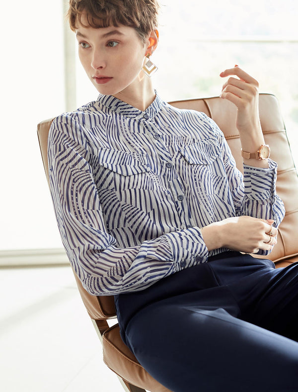 Striped Slim Fit Printed Long-Sleeve Blouse