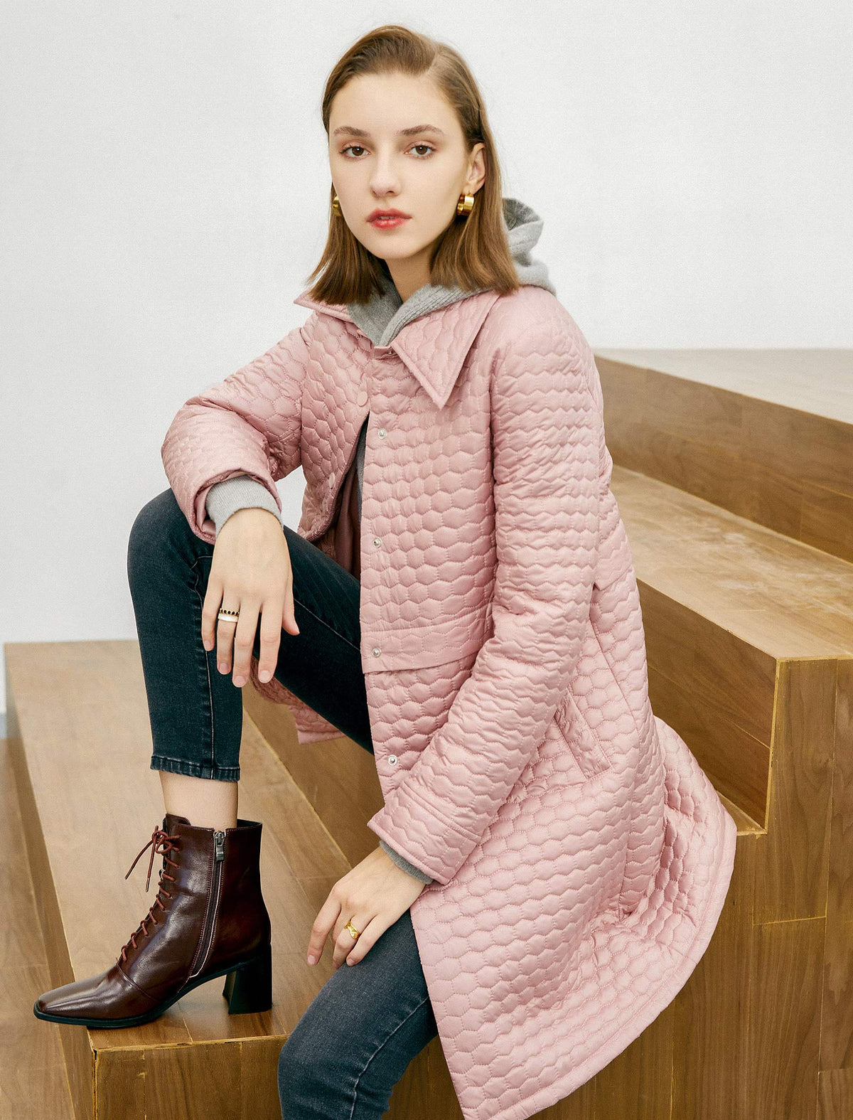 Collared Button-Front Padded Coat