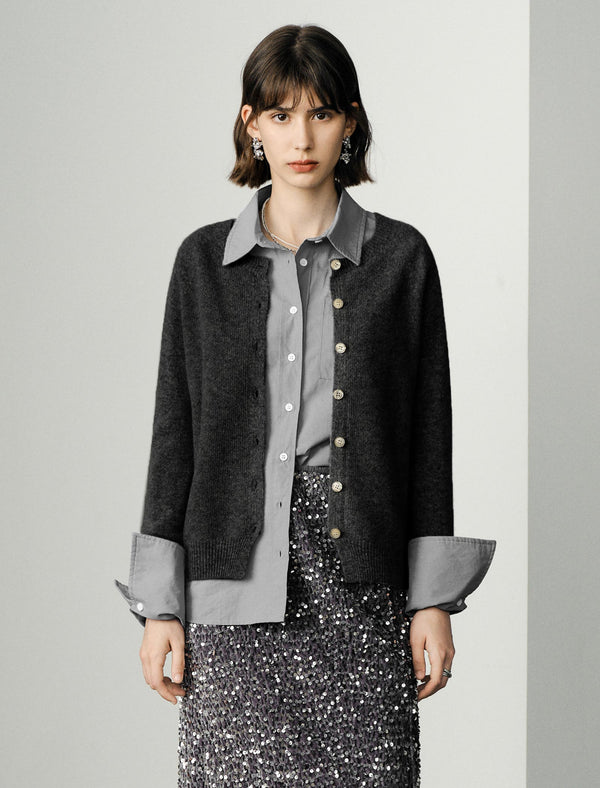 100% Wool Round Neck Long-Sleeve Knit Cardigan