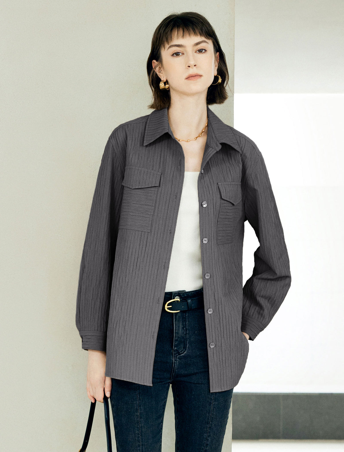 Vertical Textured Dual Chest Pocket Oversized Button Down Shirt