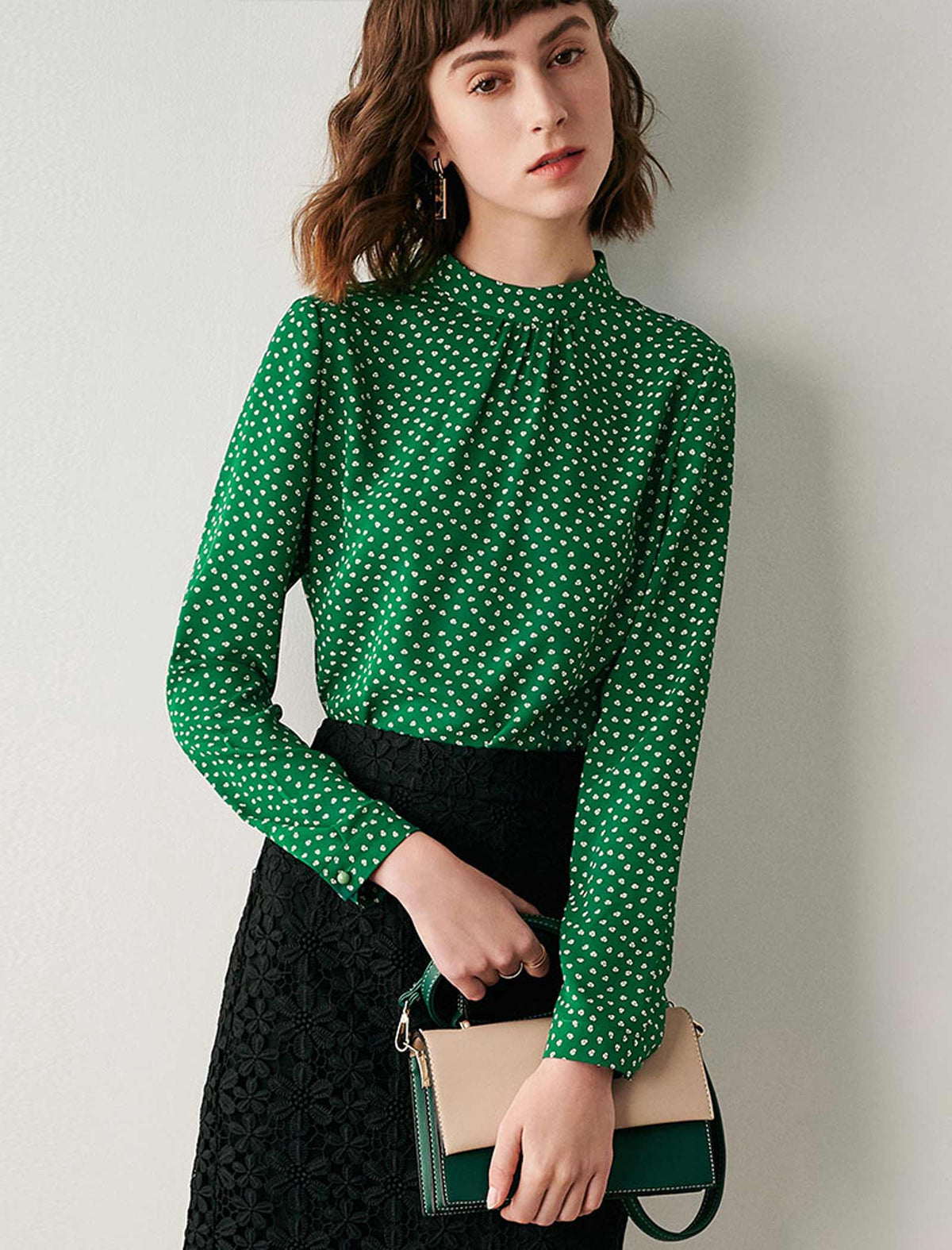 Green Print Mock Neck Blouse