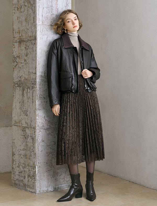 Faux Leather Knit Collar Down Jacket