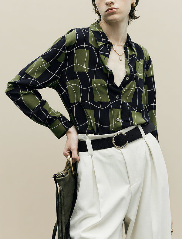 100% Mulberry Silk Green Grid Print Button-Down Shirt