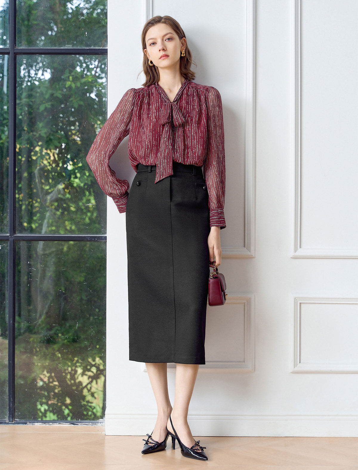 Button Pockets Back Slit High Waist Pencil Skirt