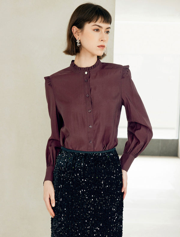 Elegant Ruffled Stand Collar Long-Sleeve Blouse