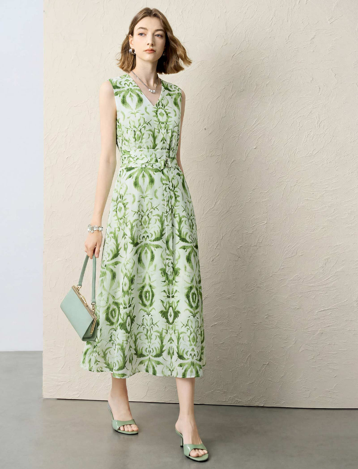 Green Ikat Print Sleeveless Midi Dress