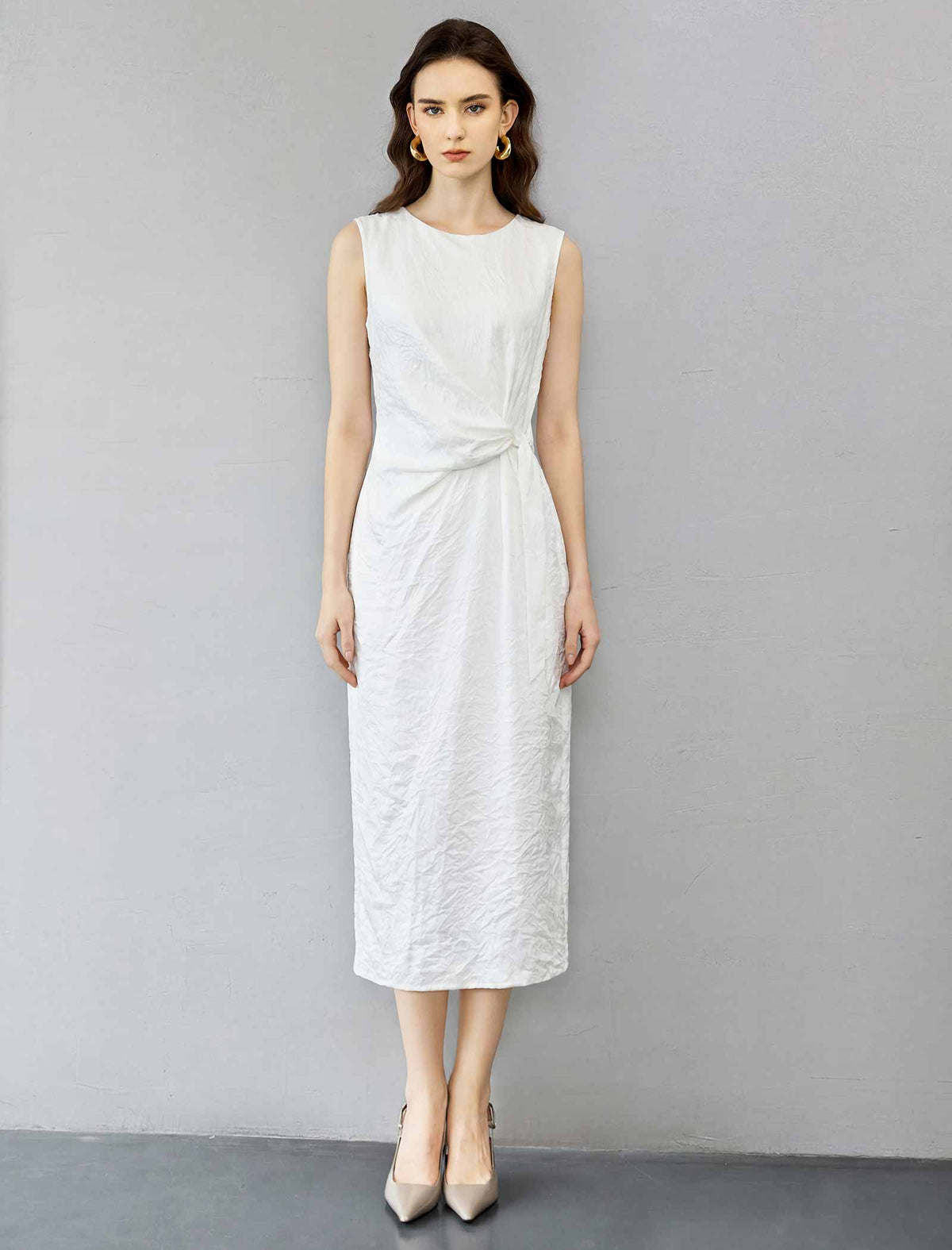 Boat Neck Twist Waist Sleeveless Midi Sheath Dress