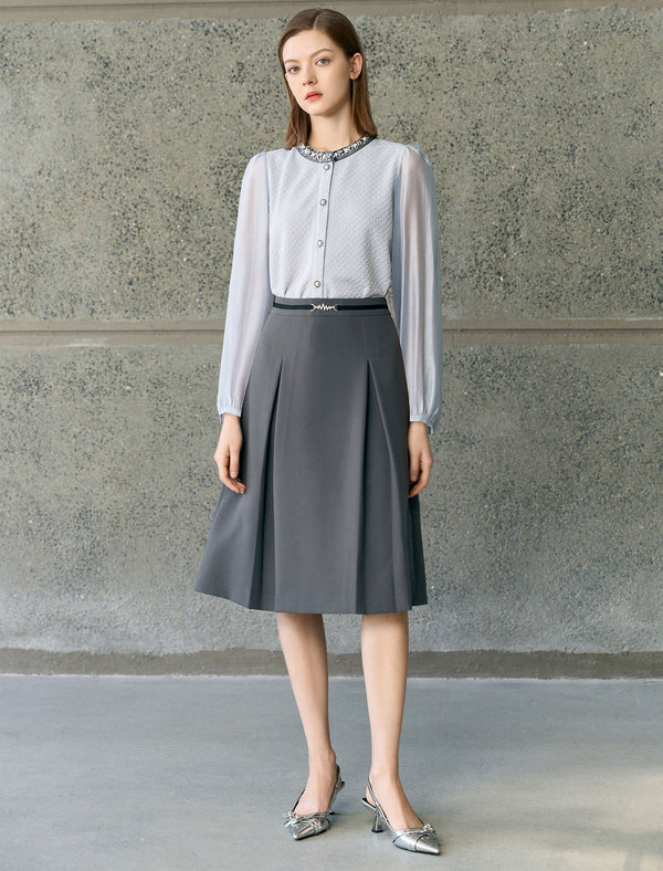 Embellished Collar Long Puff Sleeve Blouse