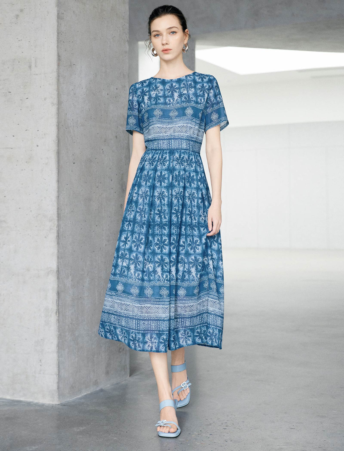 Blue Ikat Print Defined-Waist Midi Dress