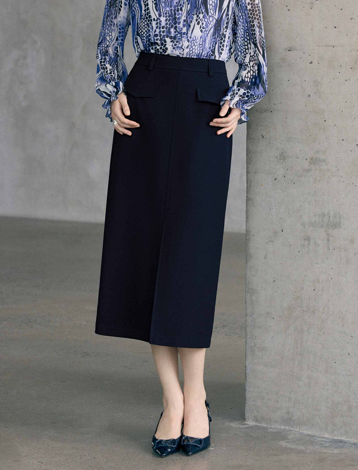 Front Slit High Waist Midi Pencil Skirt