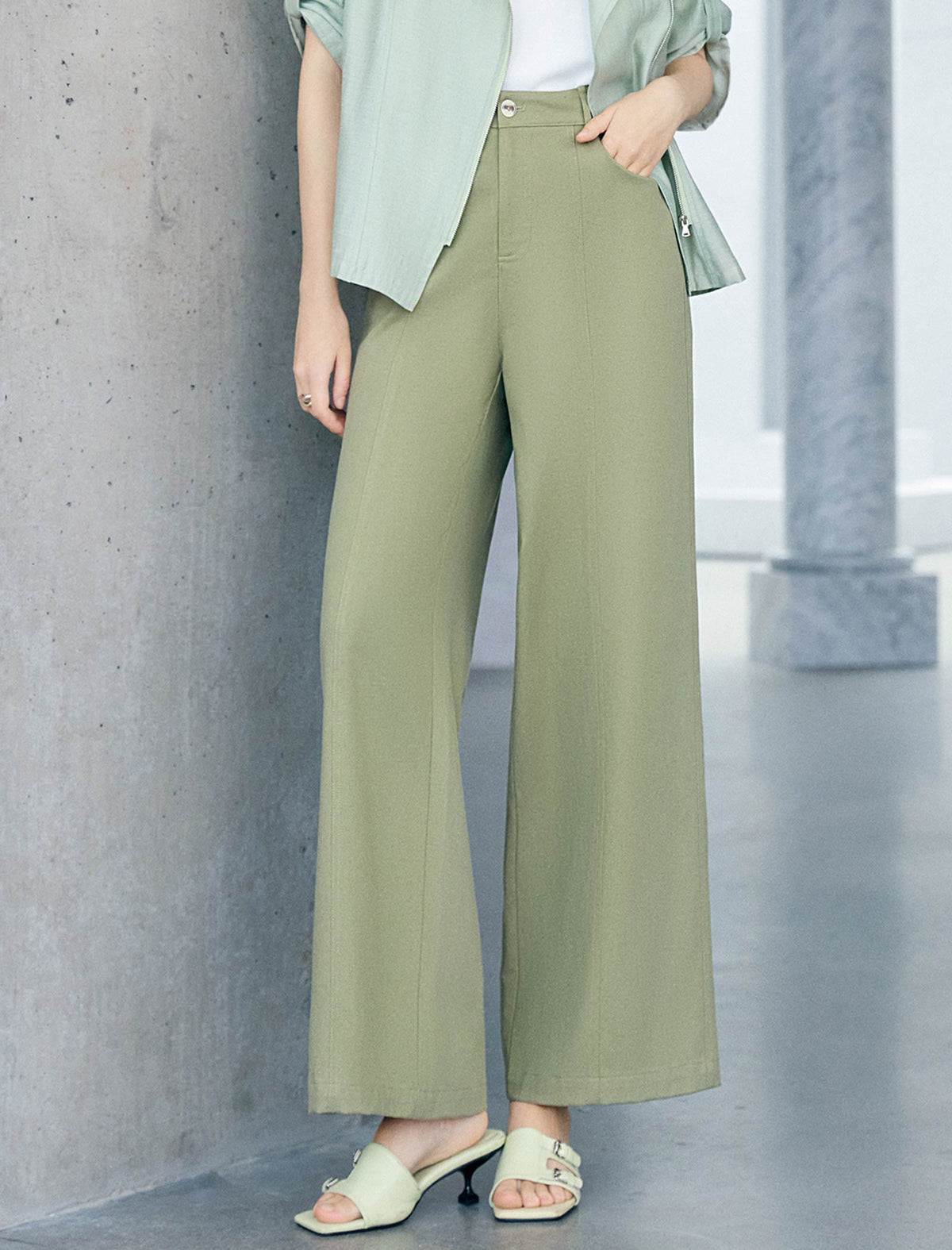 Sage Green Seam Detail High Waist Wide Leg Pants