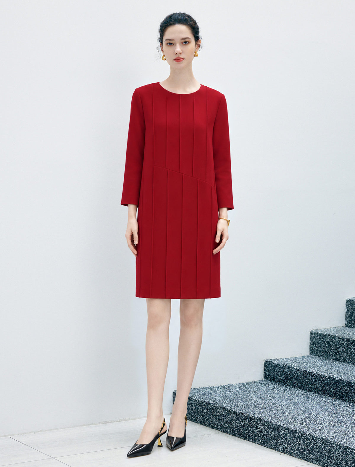 Wool Blend Quilted Button-Front Straight-Fit Dress