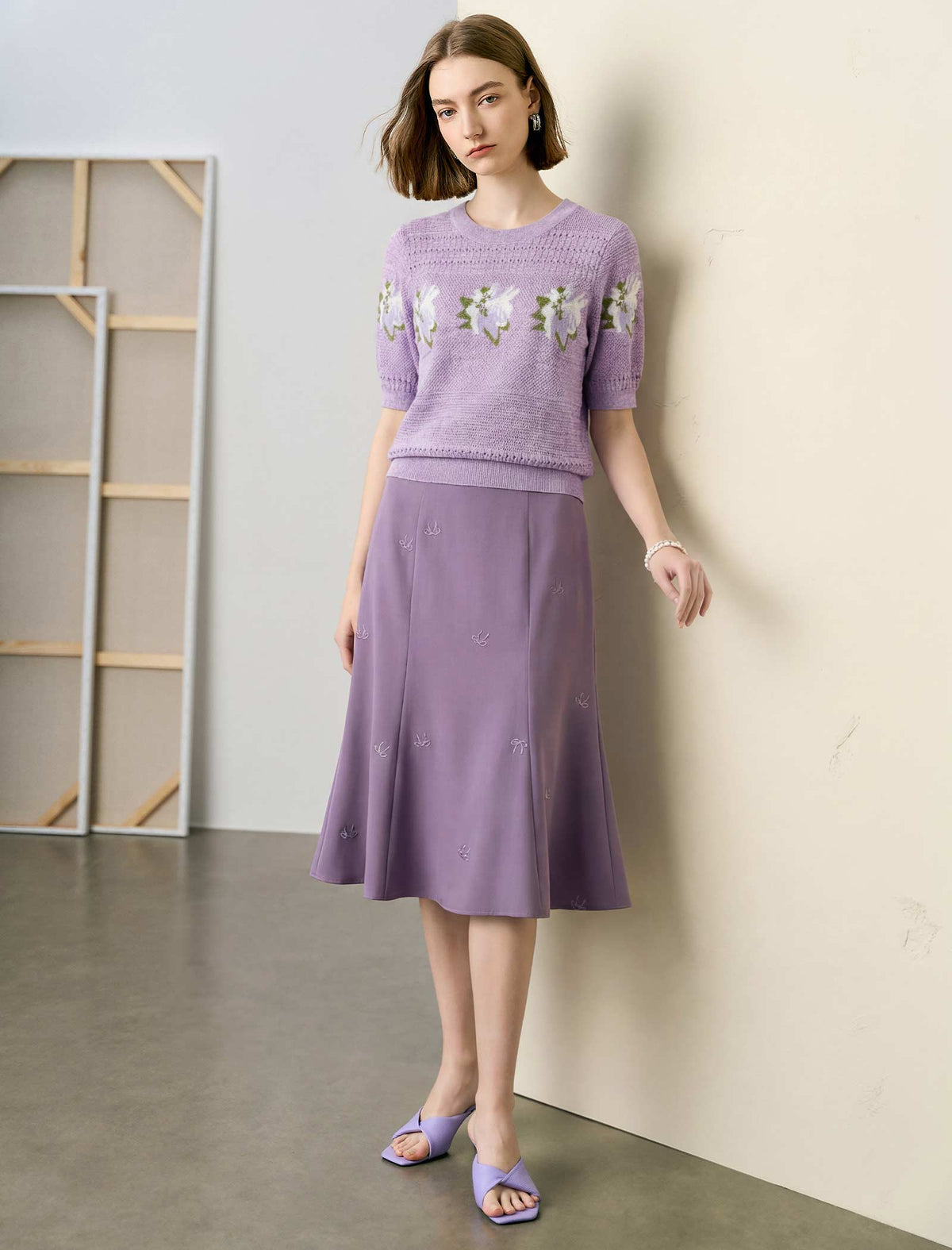 Lavender Floral Intarsia Short Sleeve Knit Top