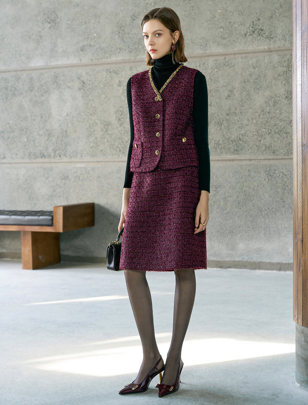 Red Tweed Vintage V-Neck Vest Coat