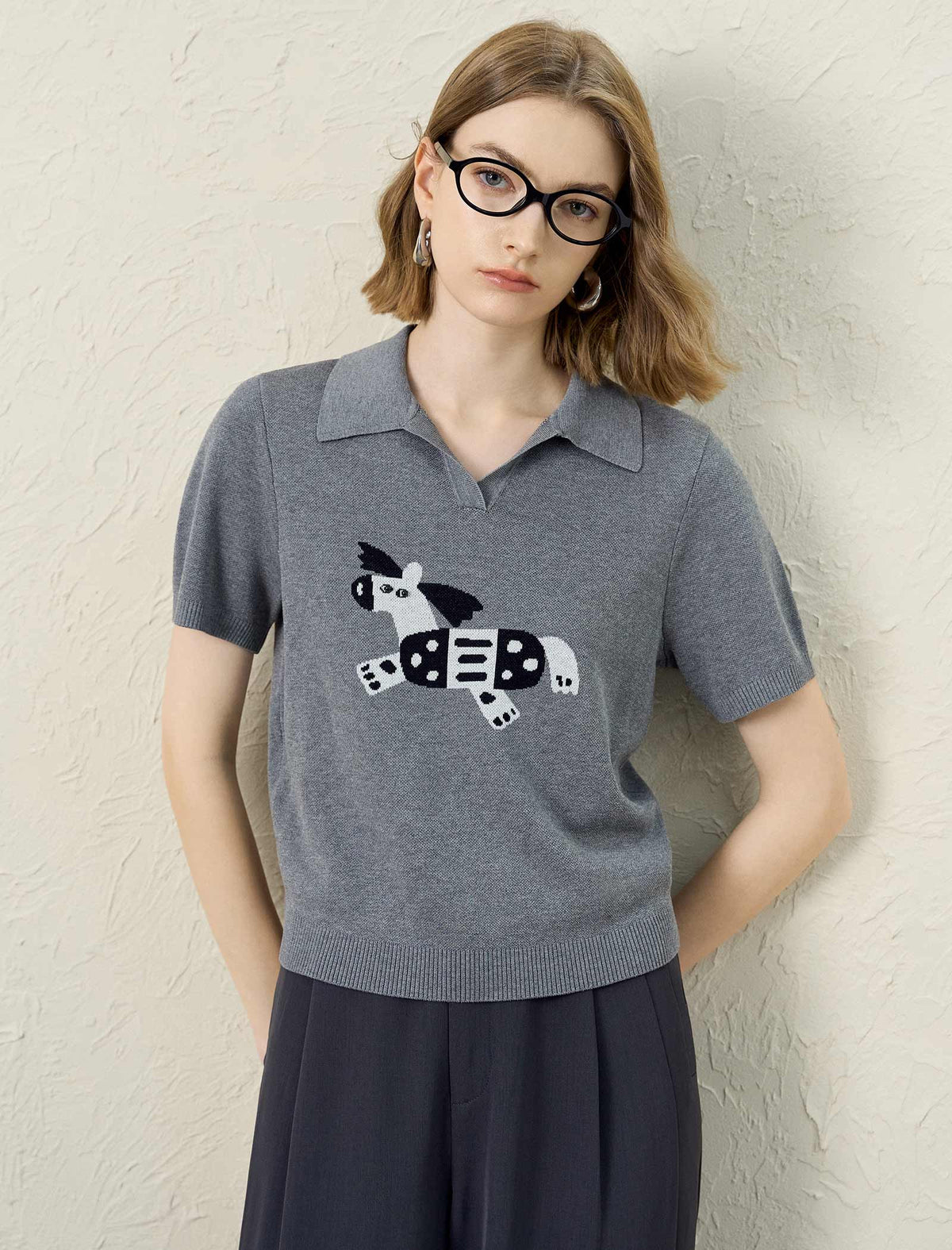 Dog Jacquard Polo Collar Knit Top