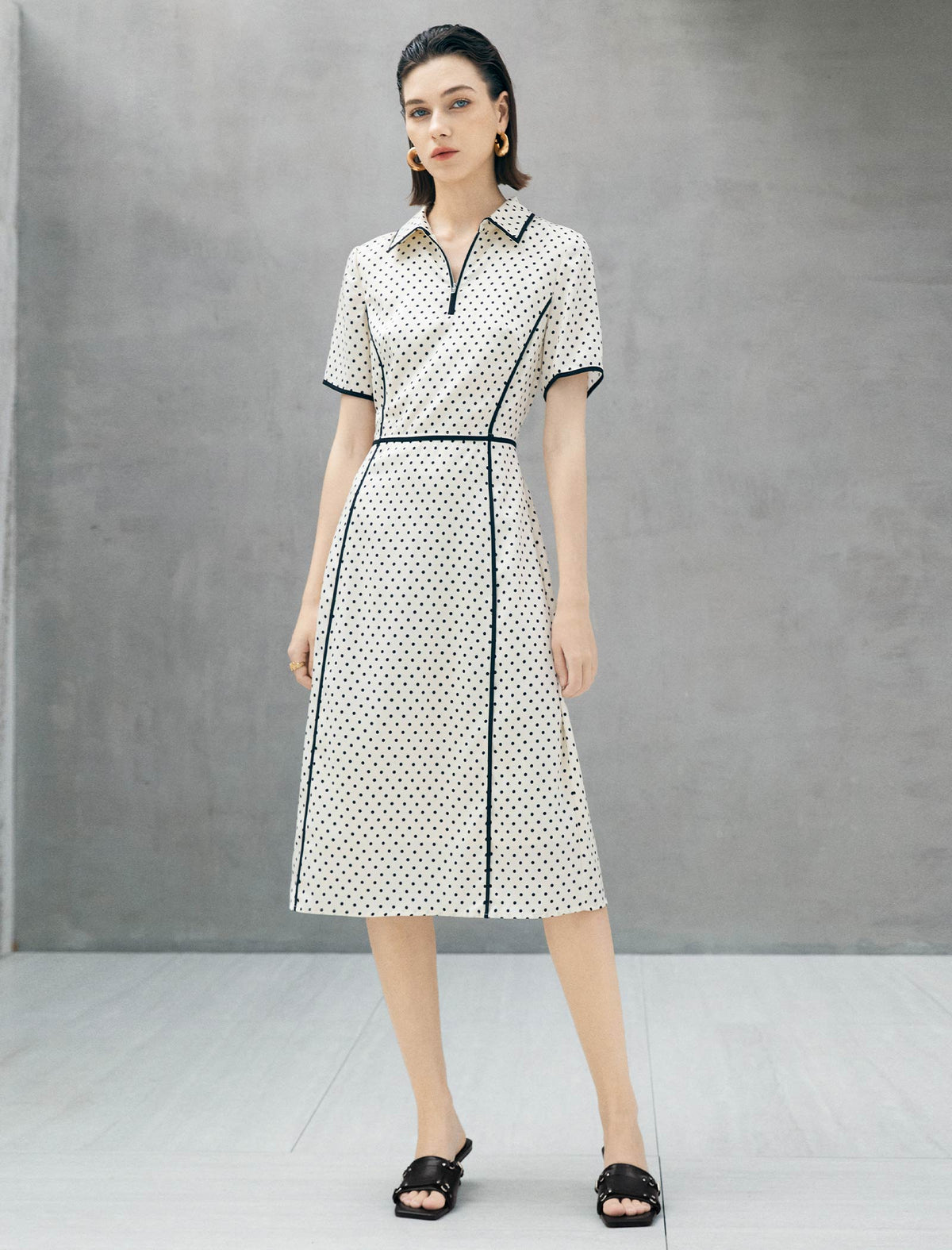 Ivory Polka Dot Contrast Trim Midi Shirt Dress