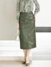Olive Green Faux Leather Midi Skirt