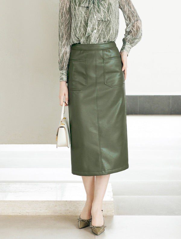 Olive Green Faux Leather Midi Skirt
