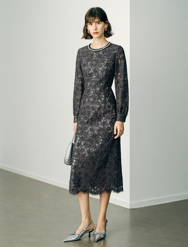 Lace Beaded Neckline Midi Dress