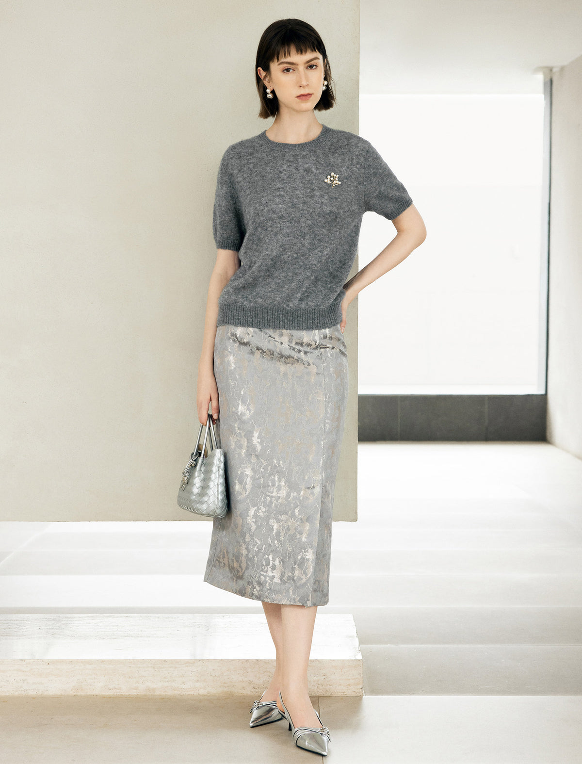 Front Slit Brocade Midi Skirt