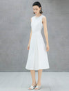 White Boat Neck Sleeveless Lace Slit Waist-Fitted Midi Dress