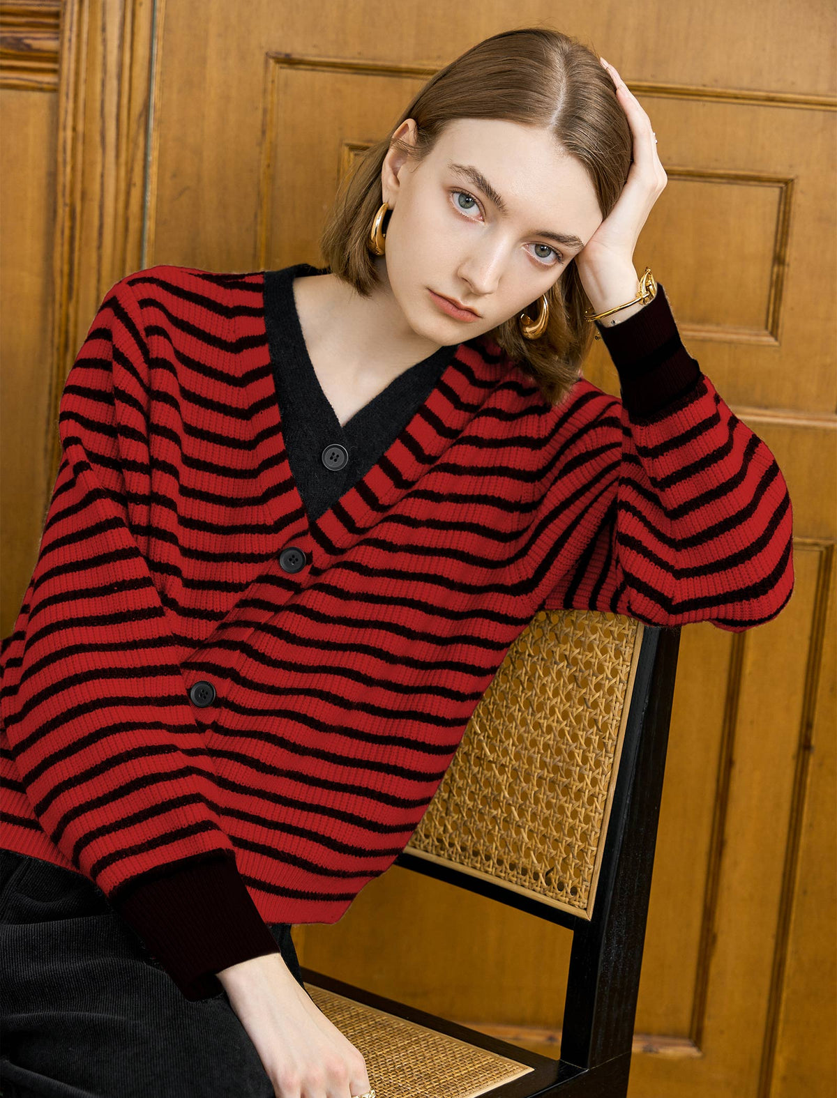 Striped V Neck Button-Front Layered Look Top