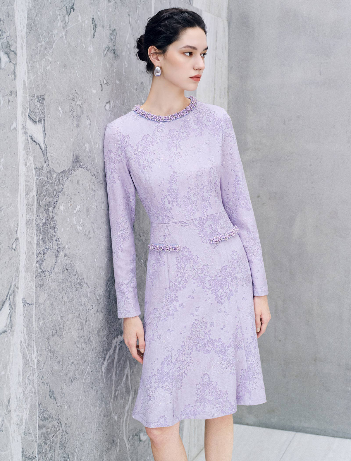 Floral Jacquard Pearl Trim Long Sleeve Mermaid Dress