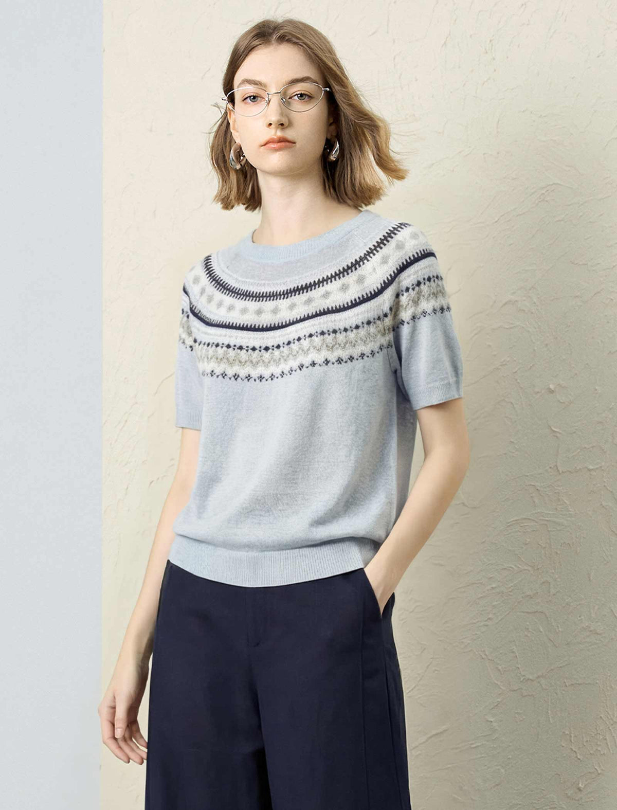 Fair Isle Lyocell Linen Blend Short Sleeve Knit Top