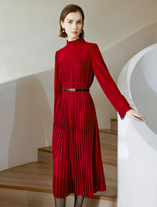 Mock Neck Pleated Midi Dress