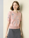 Pink Flora-Embroidered Short-Sleeve Knit Blouse