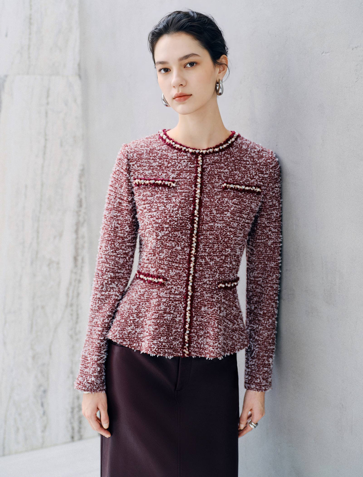 Pearl Trim Tweed Peplum Long Sleeve Jacket